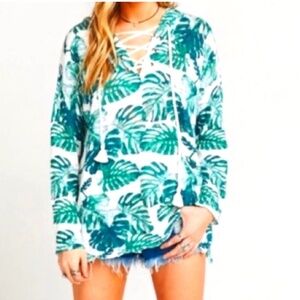 Show Me Your Mumu Barefoot Hoodie in Teal Palm Knit Longsleeve Size Medium
